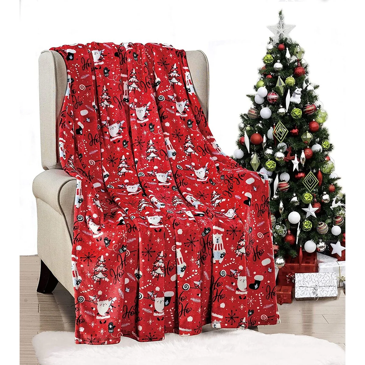 Décor&More Ho Ho Ho Merry Christmas Collection Microplush Holiday Throw Blanket (60