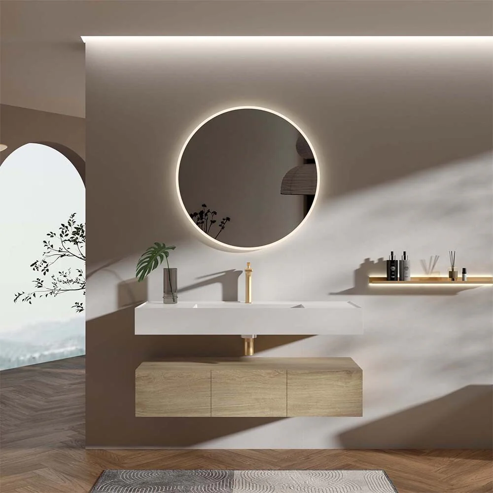 Bathroom Floating Cabinet, Wall Mounted TV stand, Oak Finish Wall-mounted Storage Cabinet for Small Spaces