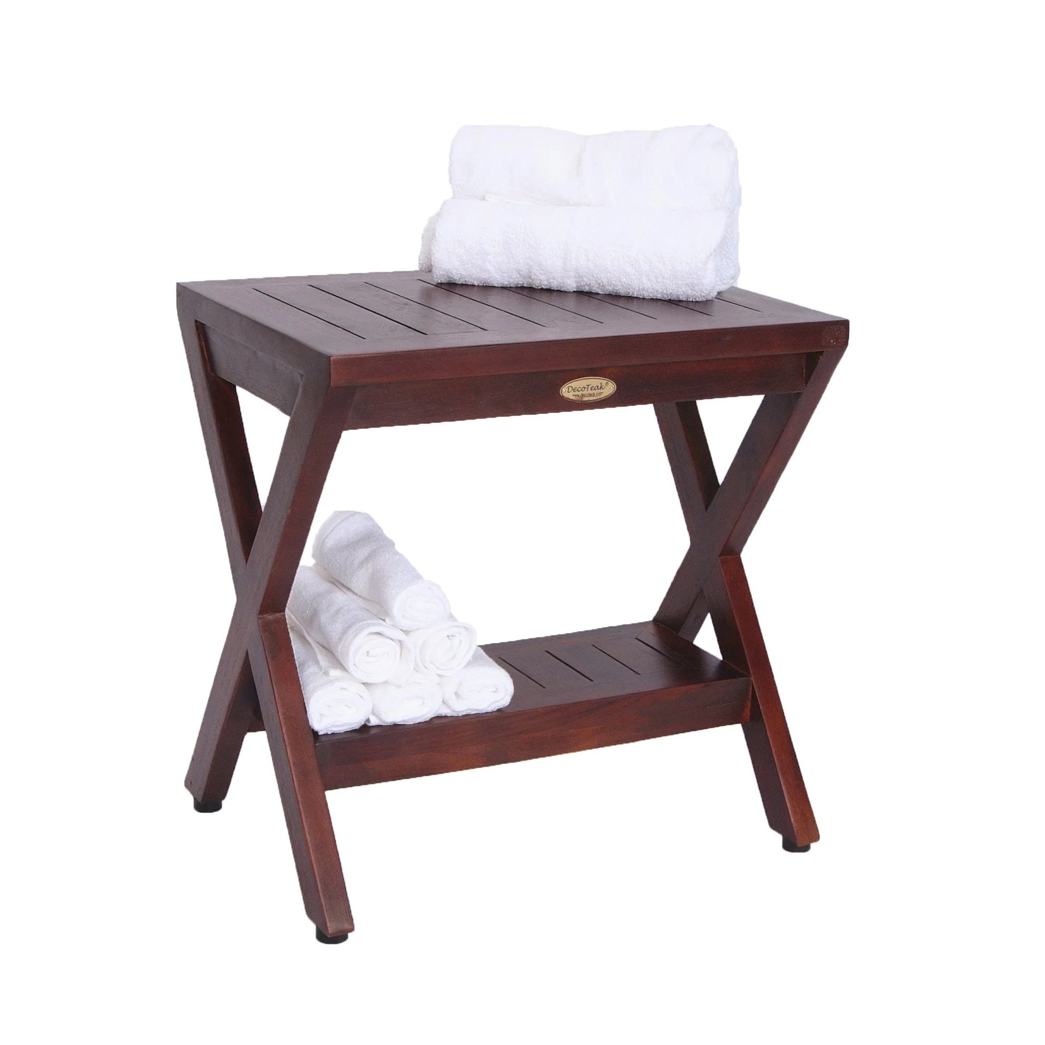 DecoTeak Obliquity Solid Teak Shower Bench With Shelf in WoodLand Brown Finish