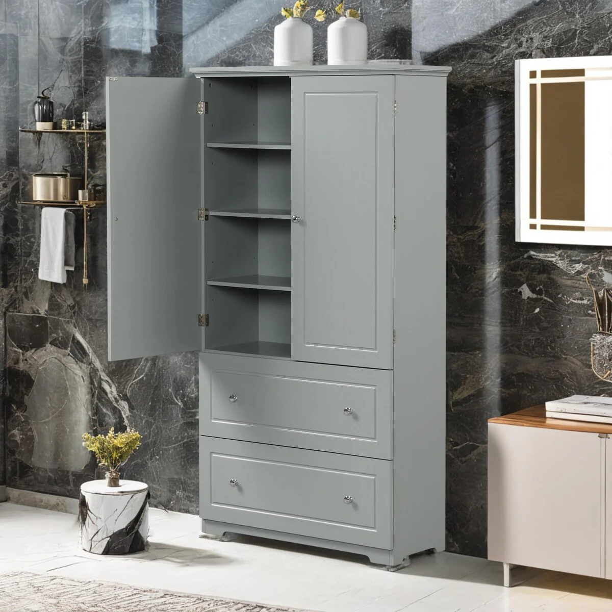 Wide Storage Cabinet with 2 Doors & 2 Drawers