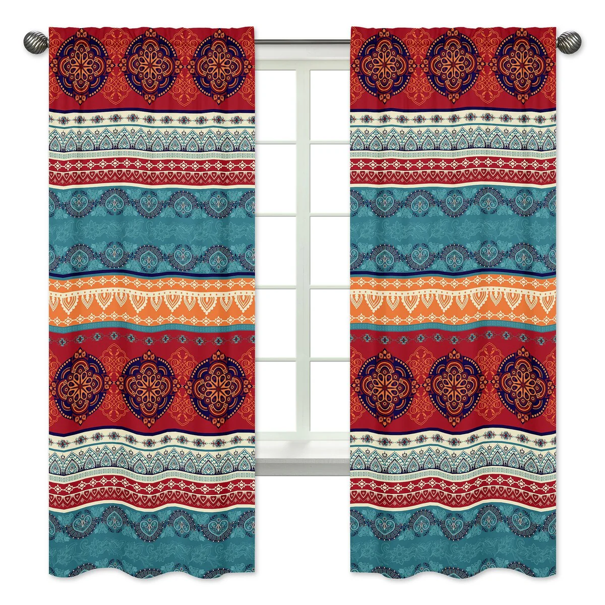 Sweet Jojo Designs Boho Chic Mandala 84in Window Treatment Curtain Panel Pair Red Bohemian Colorful Vintage Retro Tribal Luxury