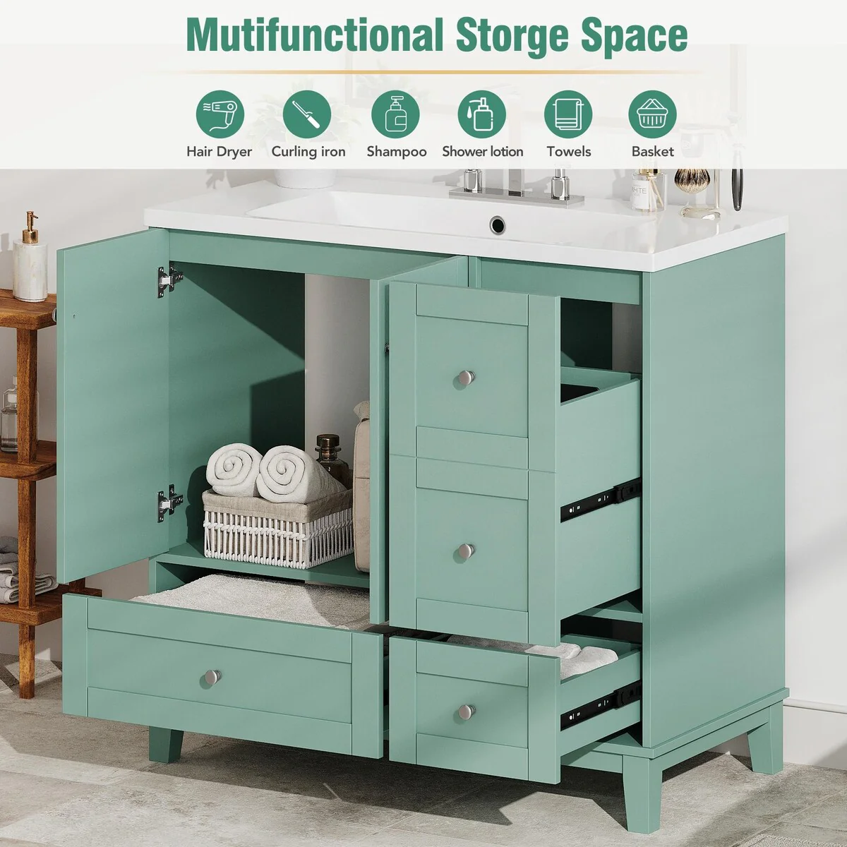 Modern 36-Inch Bathroom Vanity with Resin Sink and Ample Storage