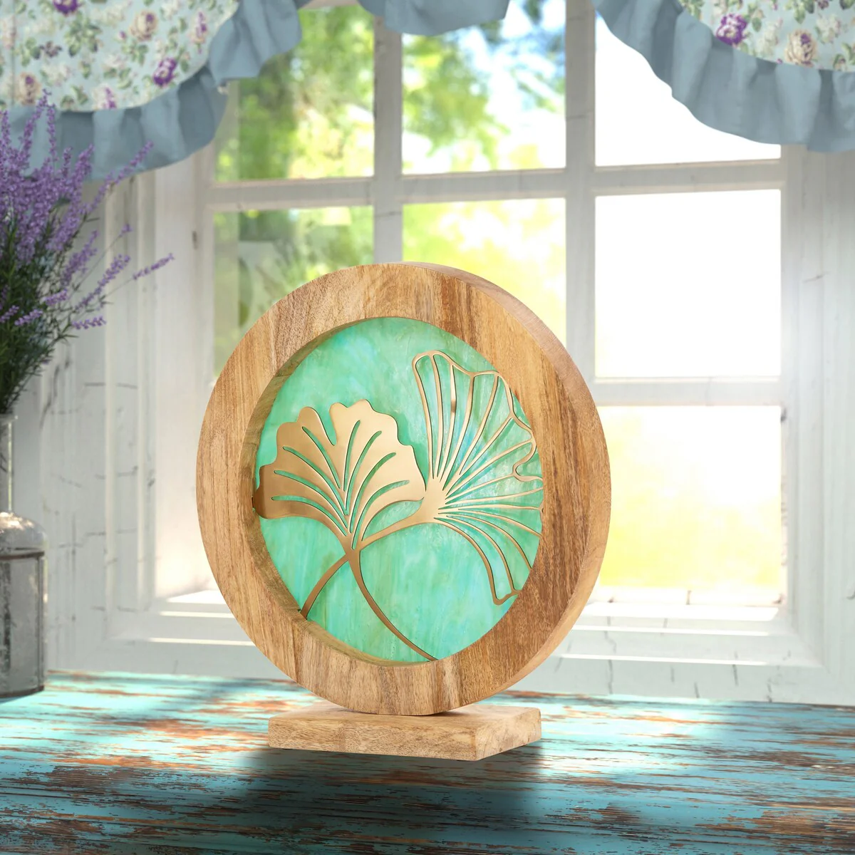 River of Goods Round Decorative Stained Glass Mango Wood Stand - 13