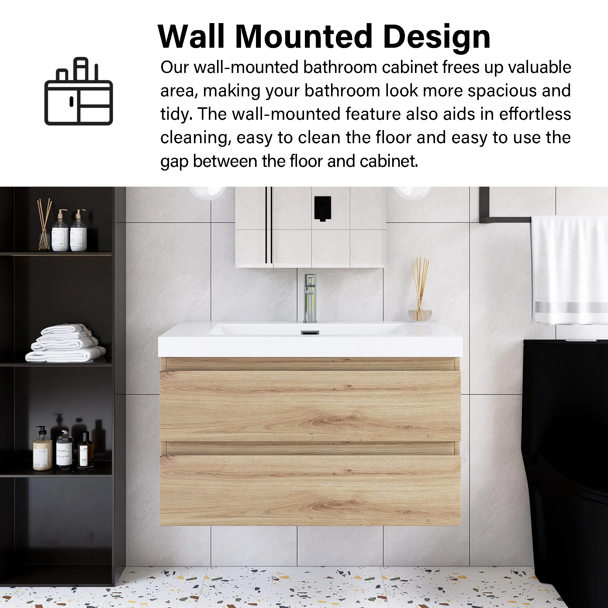 Angela Wall Mounted Bathroom Vanity in F. Oak with White Cultured Marble Top