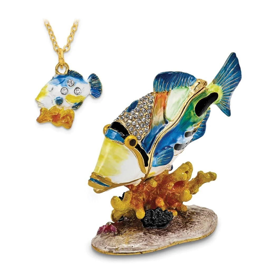 Curata Pewter Bejeweled Crystals Gold-Tone Enameled Trigger Humu Humu Fish Trinket Box on 18 Inch Necklace