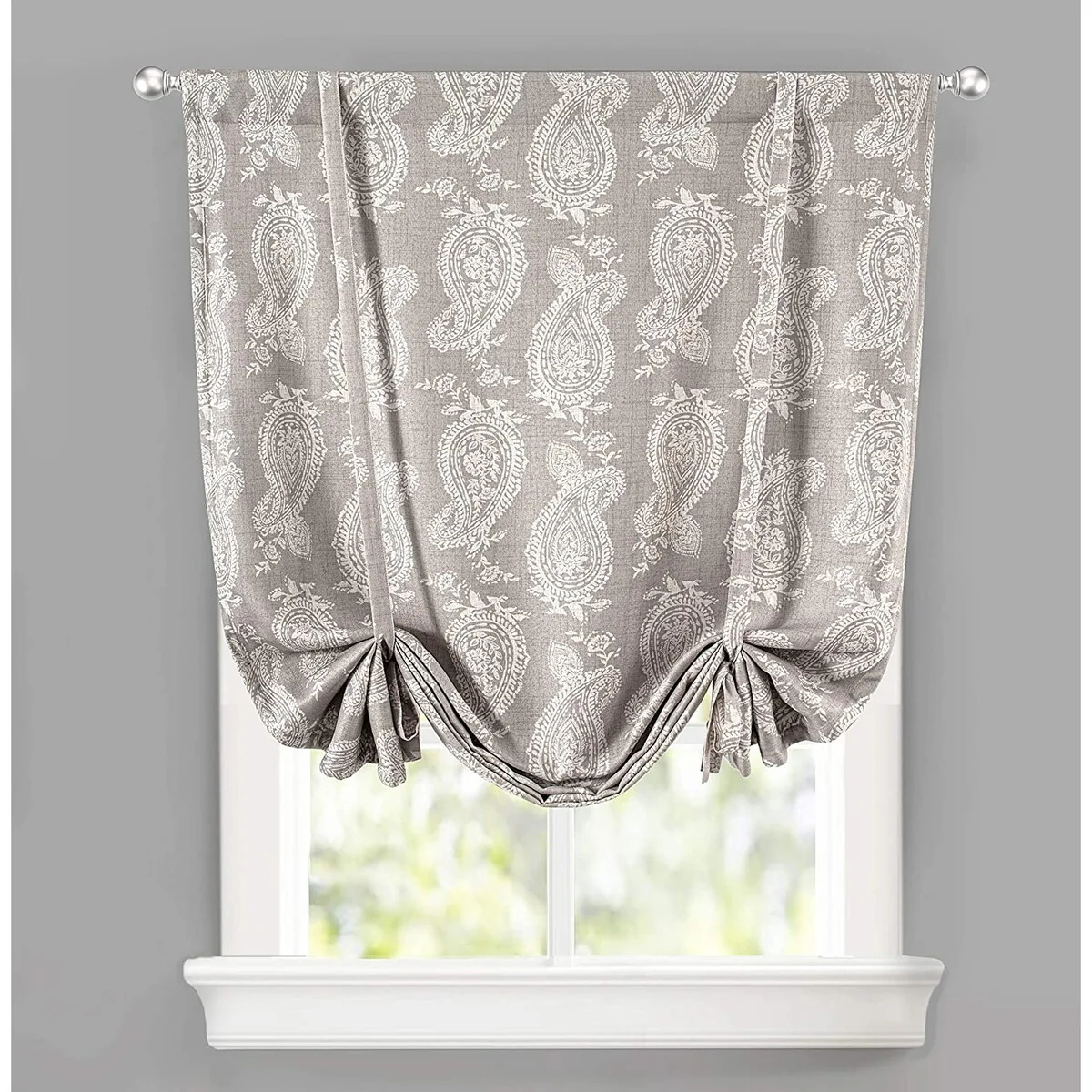 DriftAway Cathy Linen Textured Paisley Block Print Farmhouse and Modern Rustic Blackout Tie Up - 45