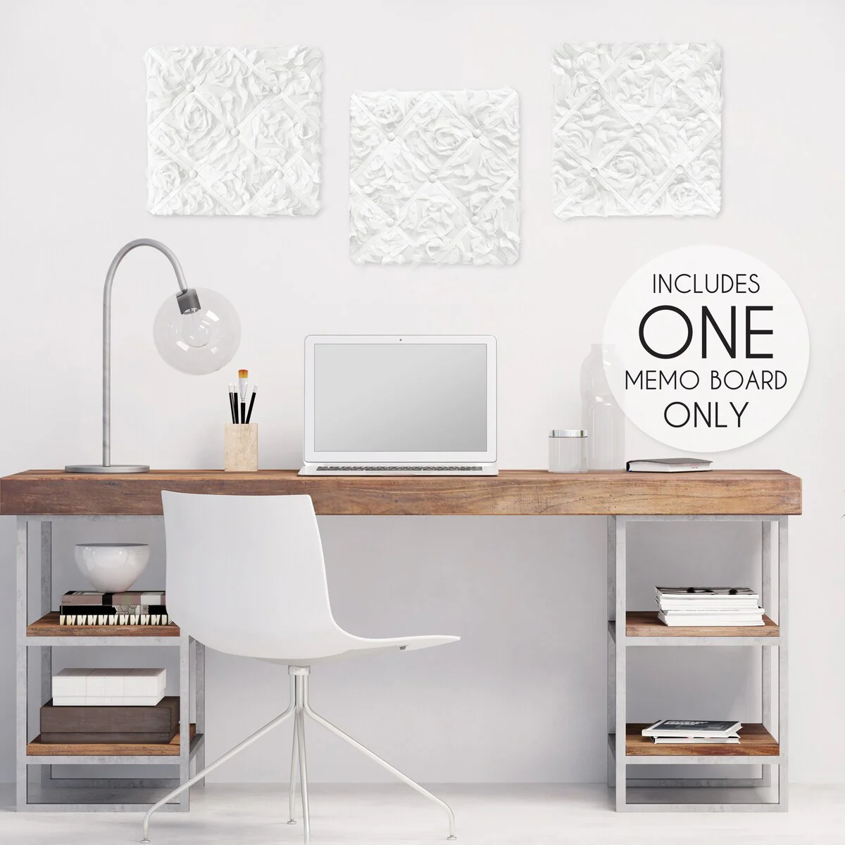 White Floral Rose 13in Fabric Memory Photo Bulletin Board - Solid Flower Luxurious Elegant Princess Vintage Boho Shabby Chic