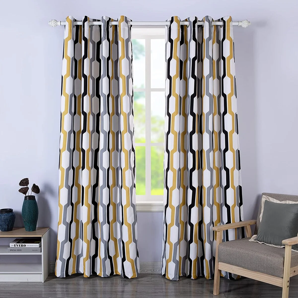 DriftAway Riley Geo Pattern Mid Century Lined Blackout Grommet Window Curtain Panel Pair