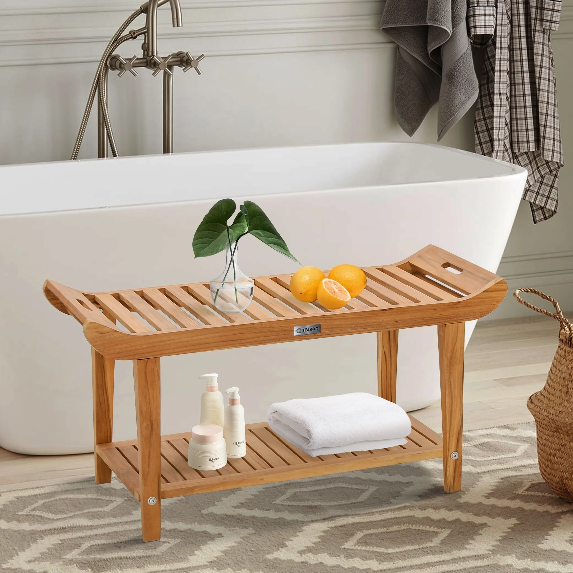 Bathroom Stool with Storage Shelf, Teak Shower Bench Waterproof Wood Bench, Shower Seat
