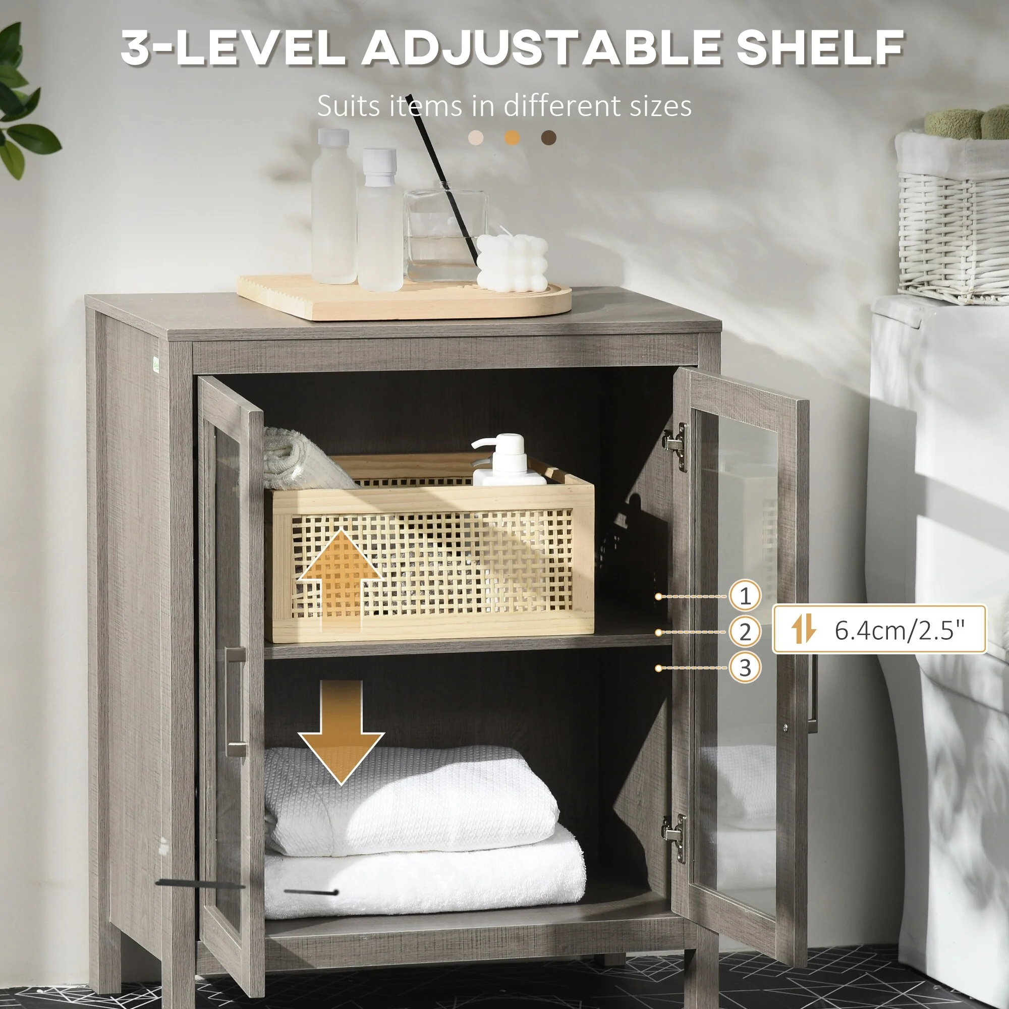 kleankin Modern Bathroom Cabinet, Bathroom Storage Organizer with Double Glass Doors and Adjustable Shelf