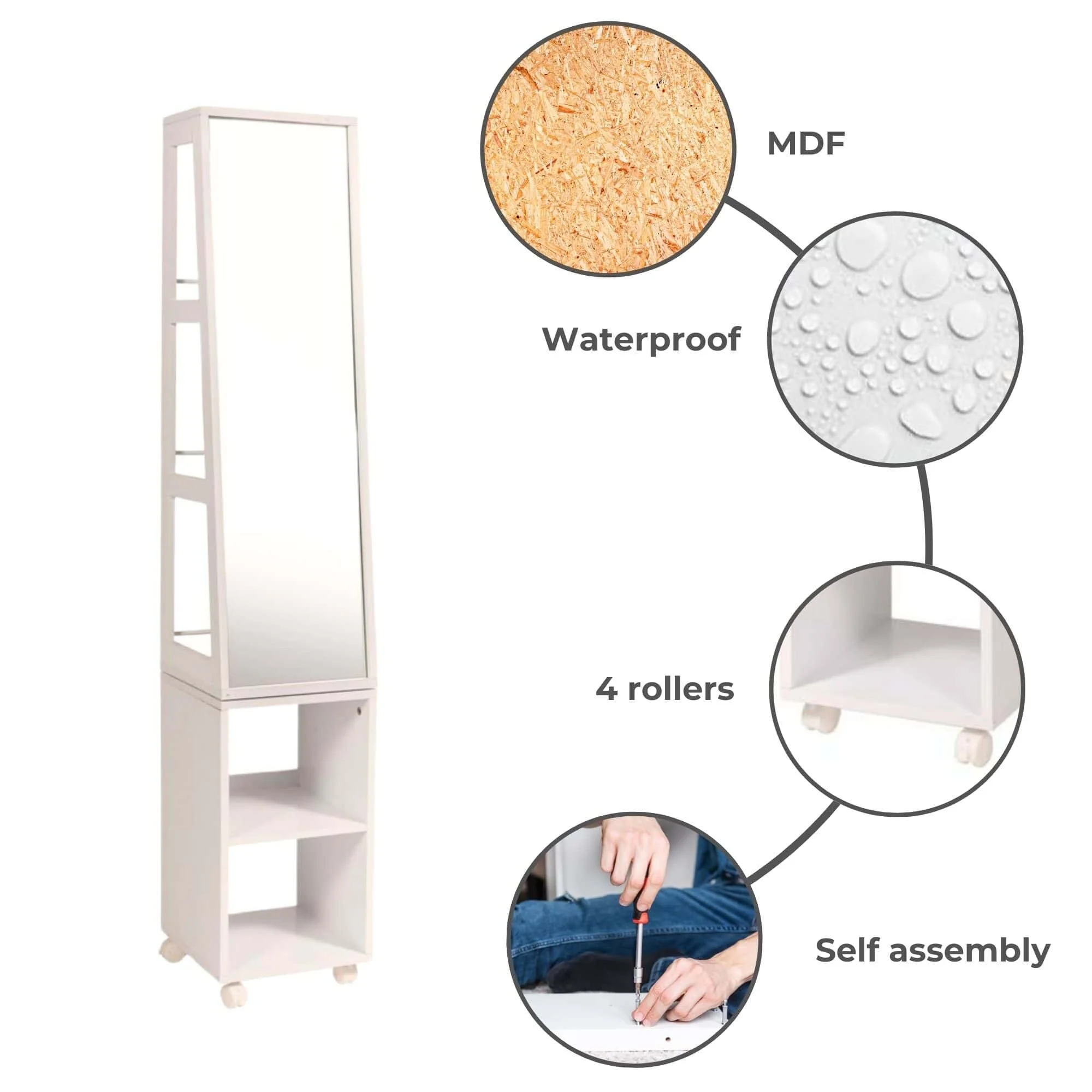 Miami White Rotating Mirror Cabinet Shelving Rolling Base - 13