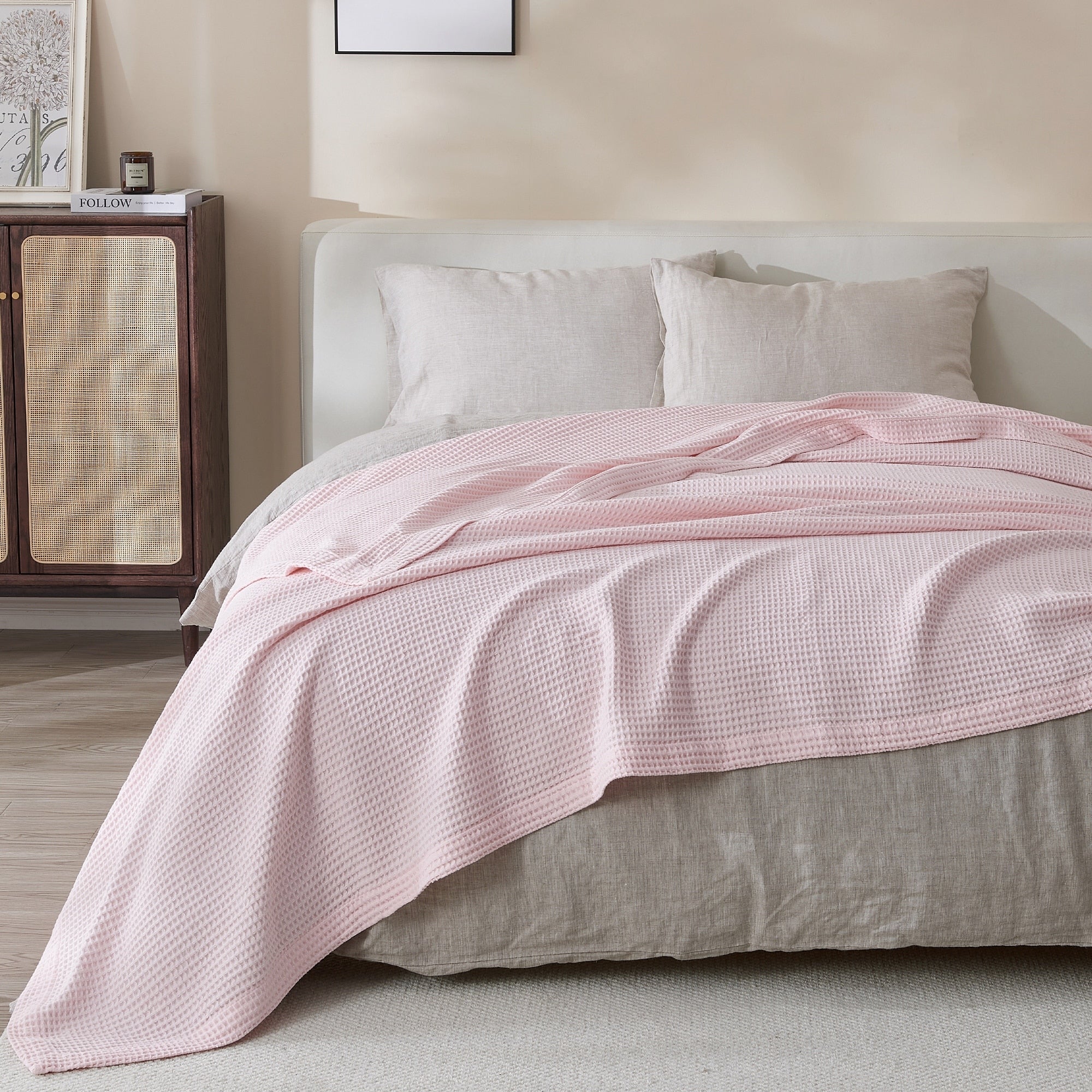 Linery & Co. 100% Cotton All-Season Lightweight Waffle Weave Knit Throw Blanket