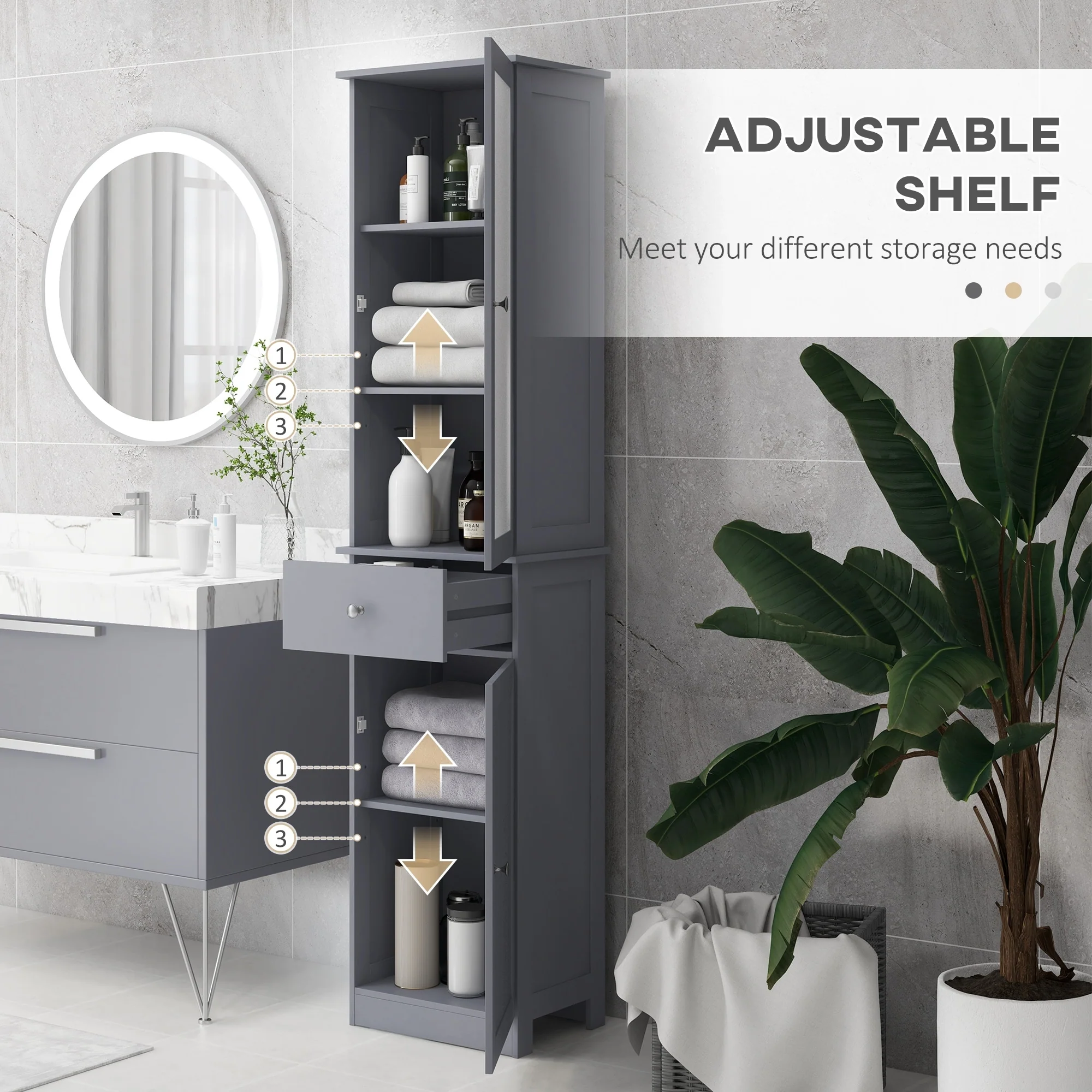 kleankin Slim Bathroom Storage Cabinet, Tall Bathroom Cabinet, Narrow Linen Tower with Acrylic Door, Drawer and Shelves, Gray