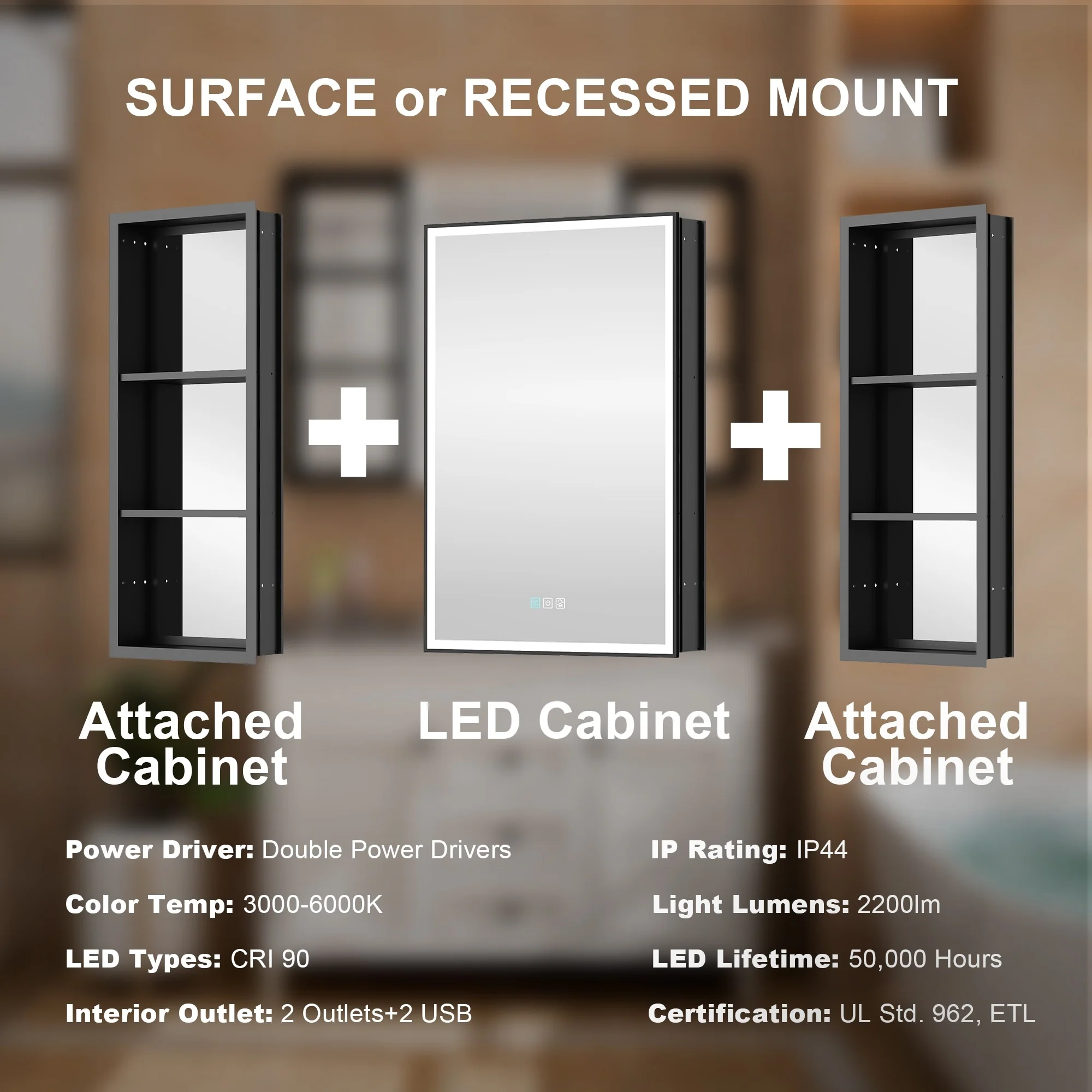 30 in. H Recessed or Surface Wall Mounted LED Mirror Cabinet With Black Side Cabinet
