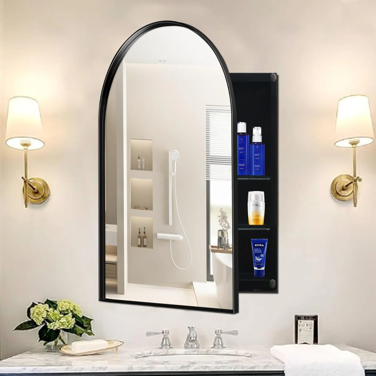 24x36 Inch Arched Recessed Medicine Cabinet, Metal Framed Bathroom Wall Storage Cabinet with Mirror and Adjustable Shelves