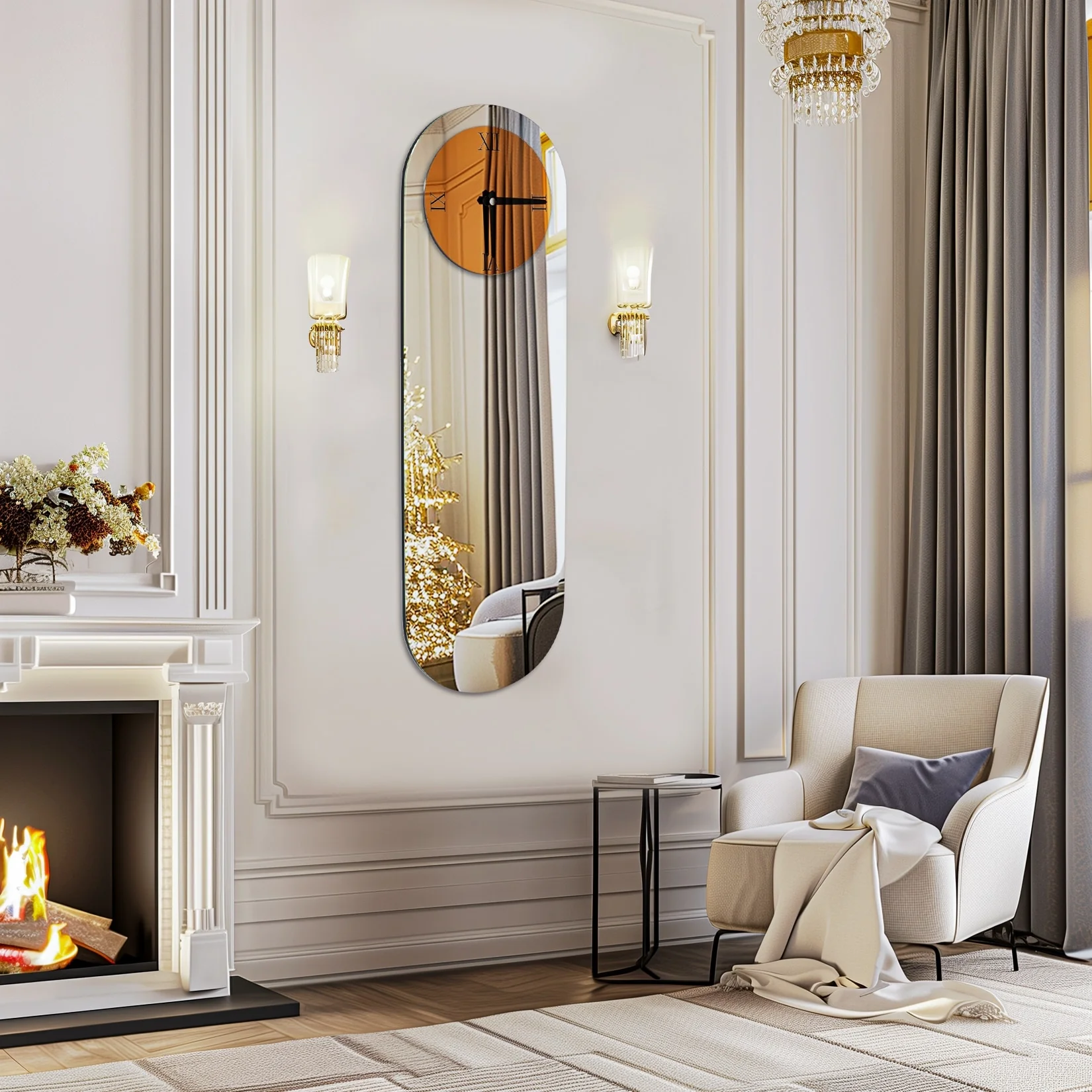 Large Wall Clock Mirror Finish Minimalist Long Oval for Living Room