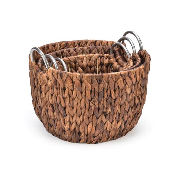 Set of 3 Round Hyacinth Baskets with Stainless Steel Handles-Rich Chocolate Finish-By Trademark Innovations