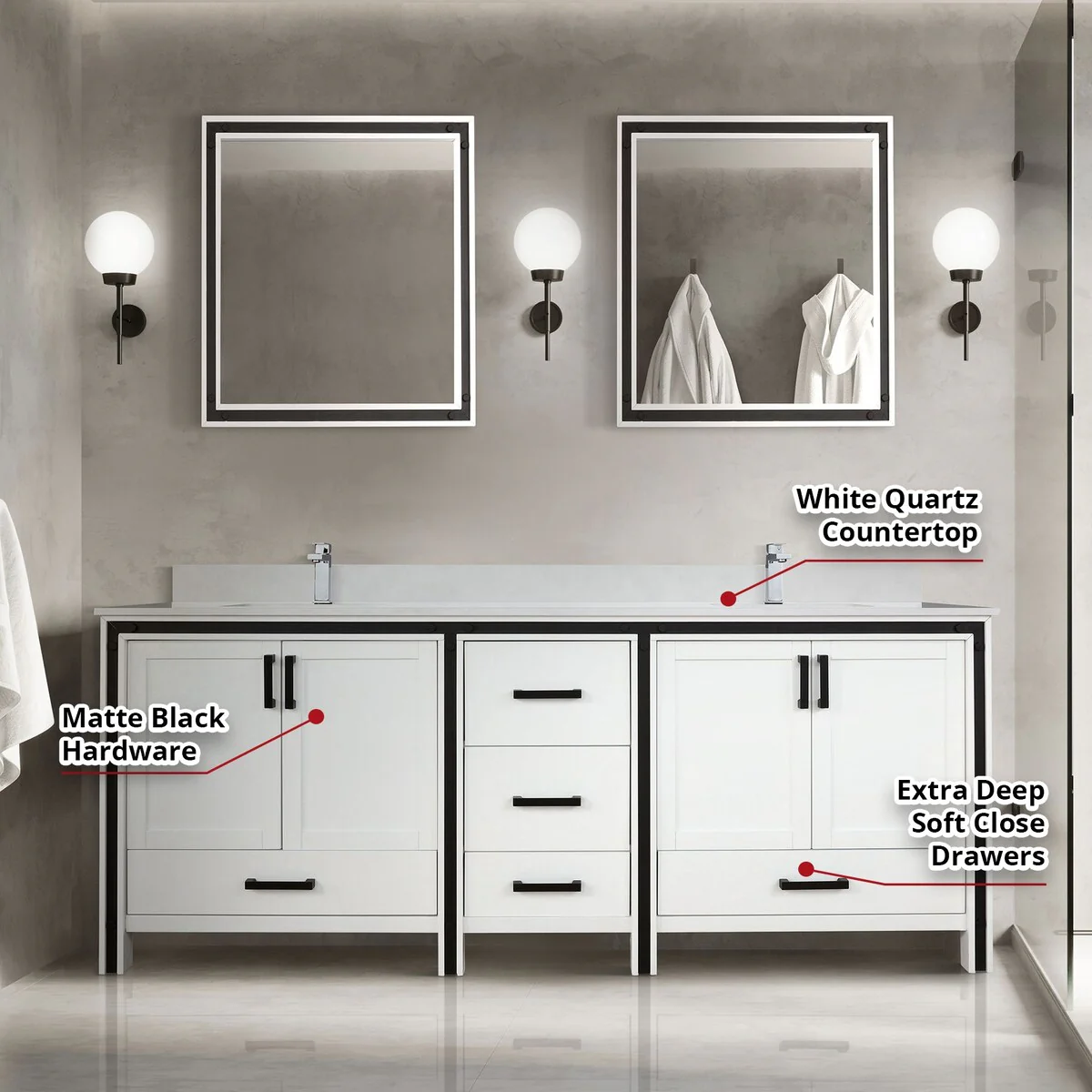 Ziva 80 in W x 22 in D White Double Bath Vanity, White Quartz Top, Faucet Set and 30 in Mirrors