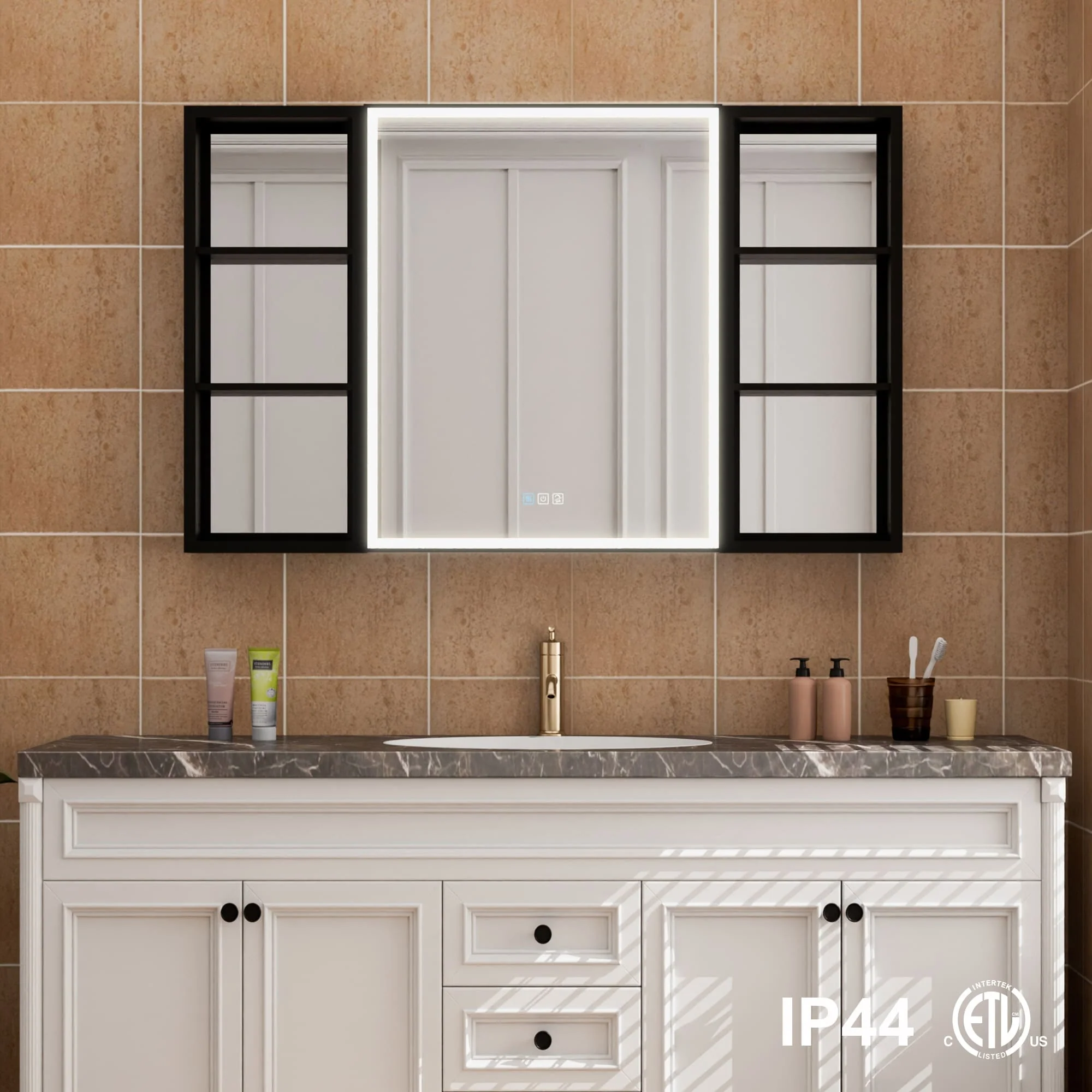 30 in. H Recessed or Surface Wall Mounted LED Mirror Cabinet With Black Side Cabinet