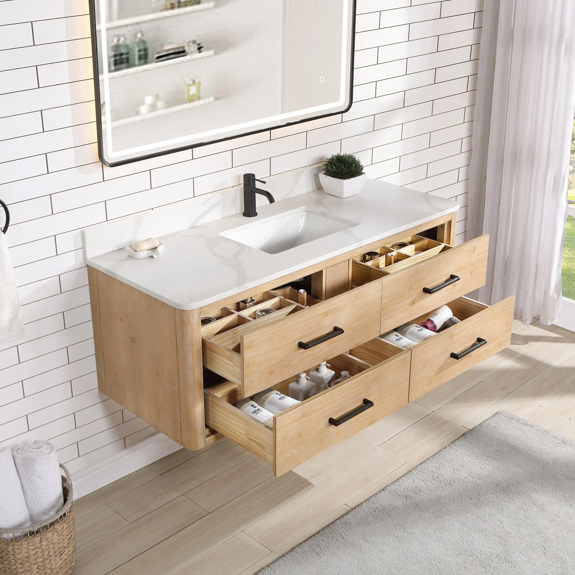 Cristo Floating Bath Vanity with White Quartz Stone Top and Mirror