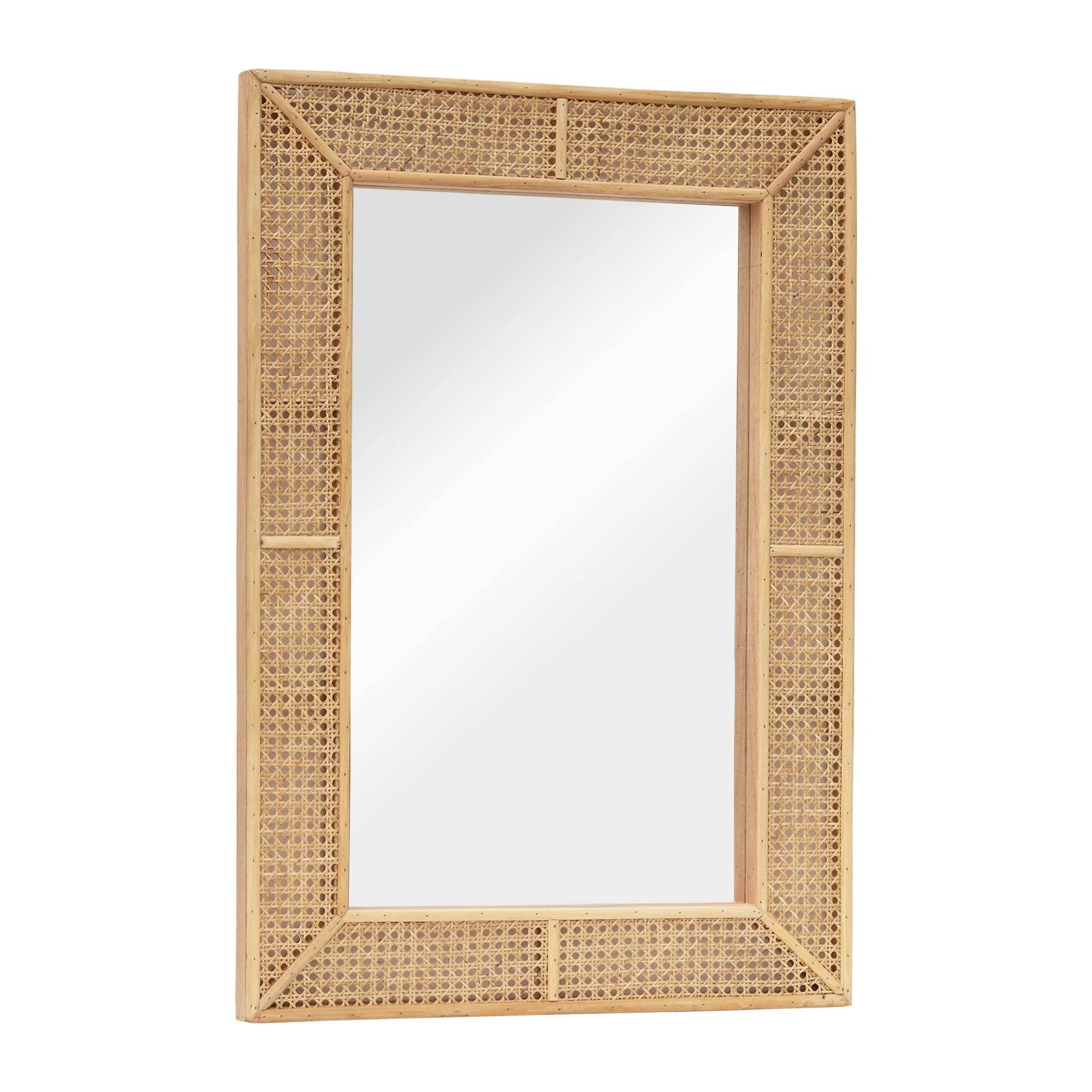 Rectangle Rattan Wall Mirror, Modern Boho Decorative Wall Mirror - Brown