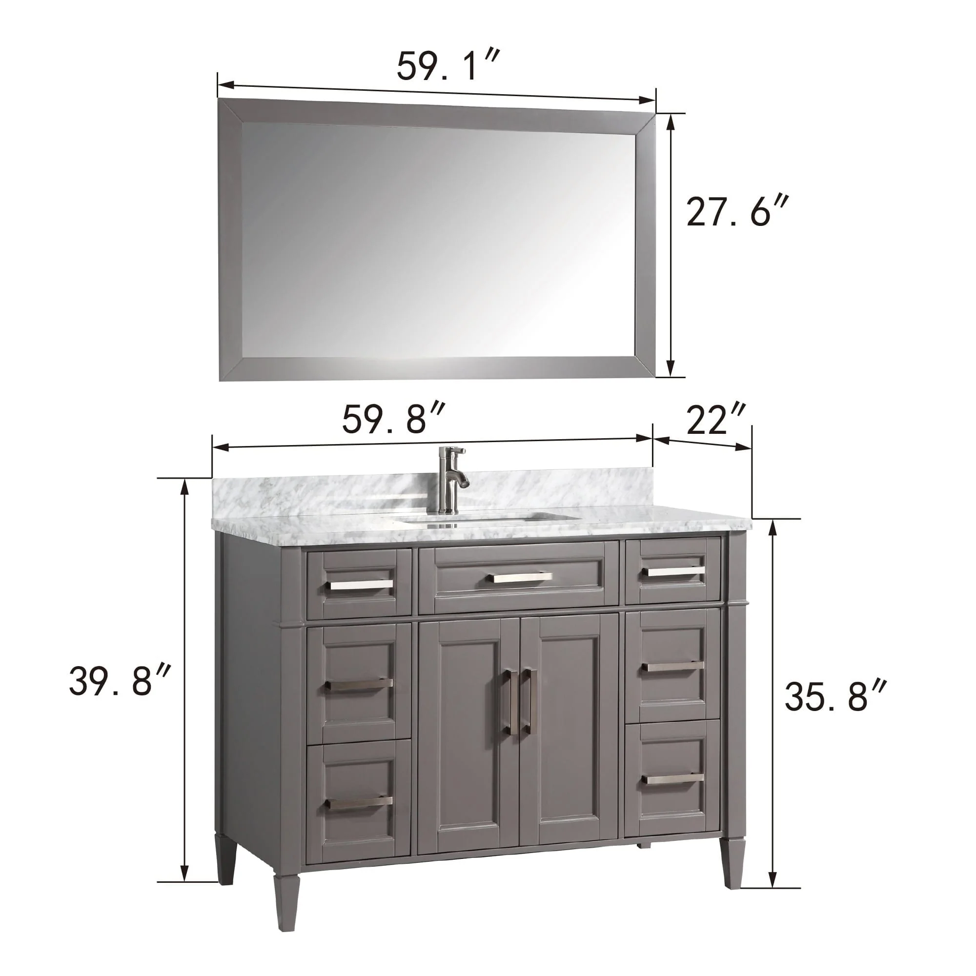 Vanity Art 60-Inch Single Sink Bathroom Vanity Set Carrara Marble Stone Top 7 Drawers 1 Shelf Undermount Sink with Free Mirror