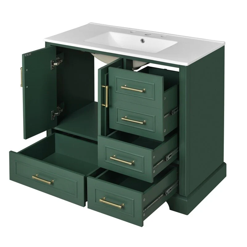 36-Inch Classic Bath Vanity Set – Ceramic Vessel Sink, Blue Two-Door Cabinet with Soft-Close Hinges & Four Storage Drawers