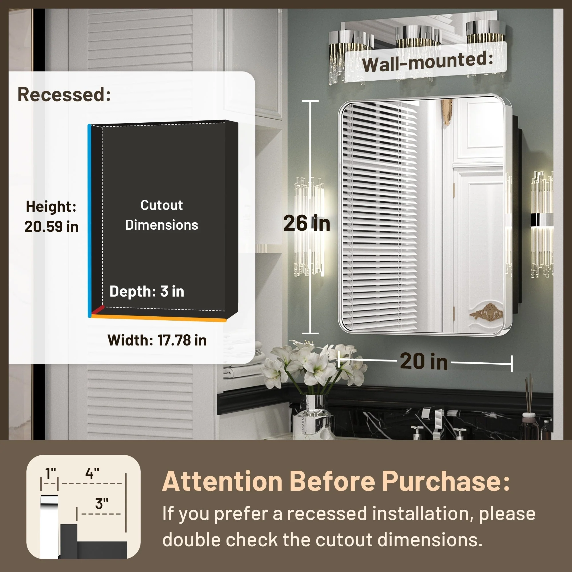 KEONJINN Medicine Cabinets for Bathroom with Mirror, Stainless Steel 1-3 Framed Doors