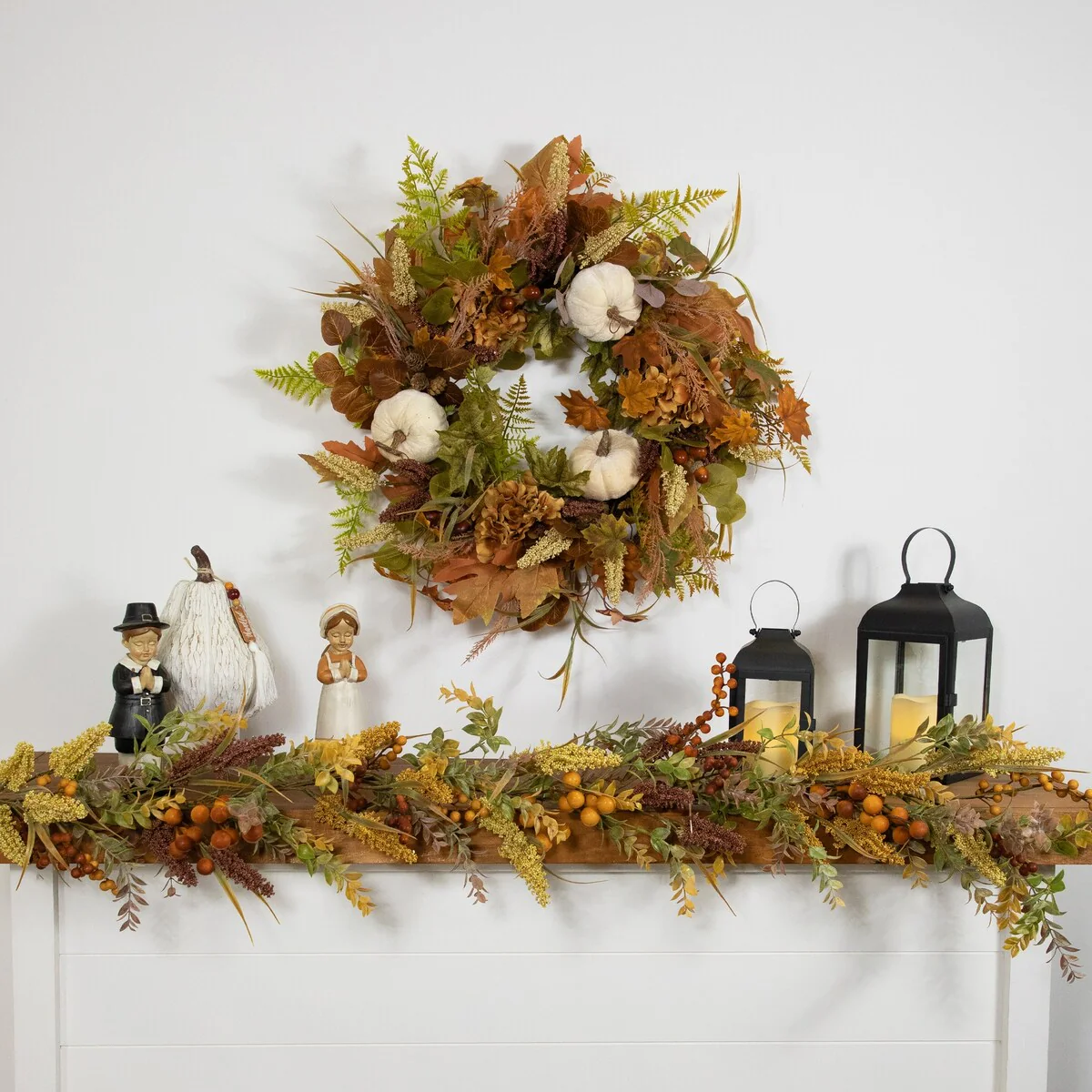 Pumpkins and Leaves Artificial Fall Harvest Wreath - 26