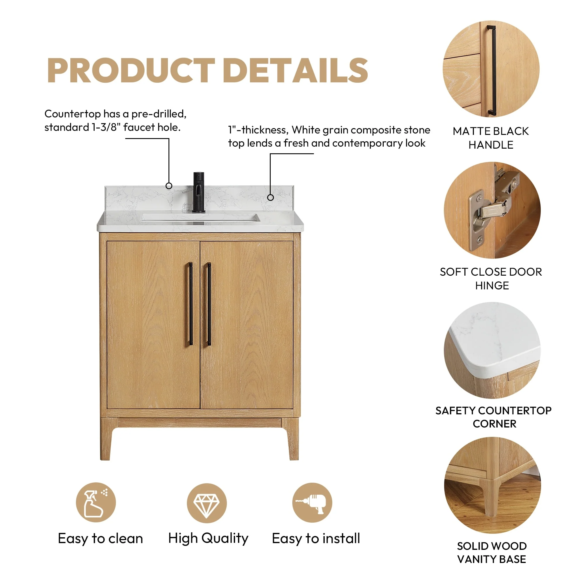 Gara Single Bath Vanity with Composite Stone Top and Mirror