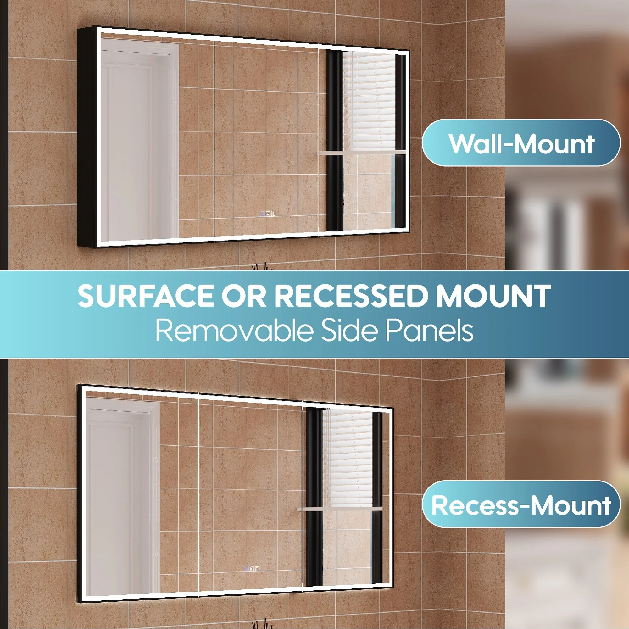 30'' H Recessed Or Surface Wall Mounted LED Mirror Cabinet With Mirror And Adjustable Shelves,Black Frame