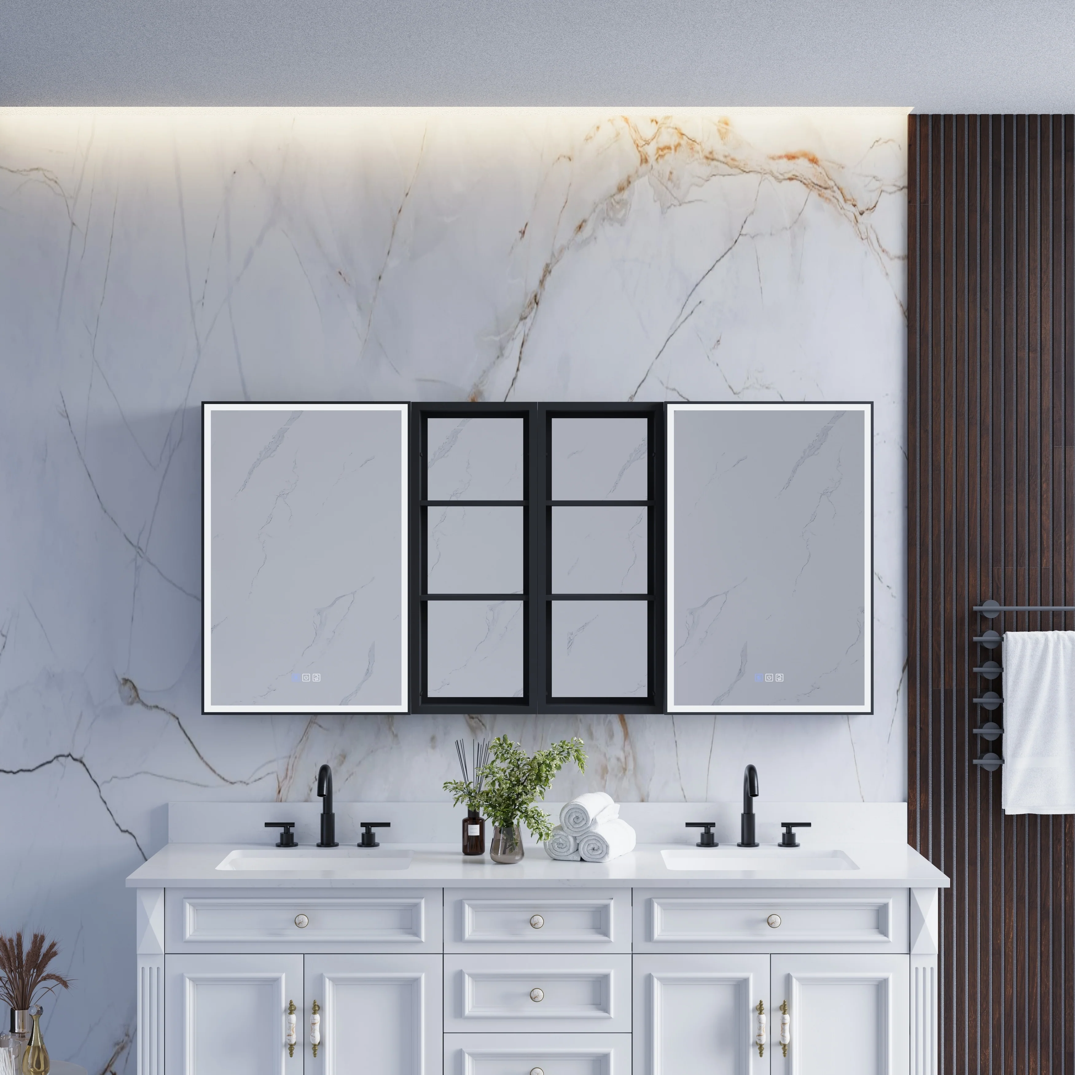 30 in. H Recessed or Surface Wall Mounted LED Mirror Cabinet With Black Side Cabinet