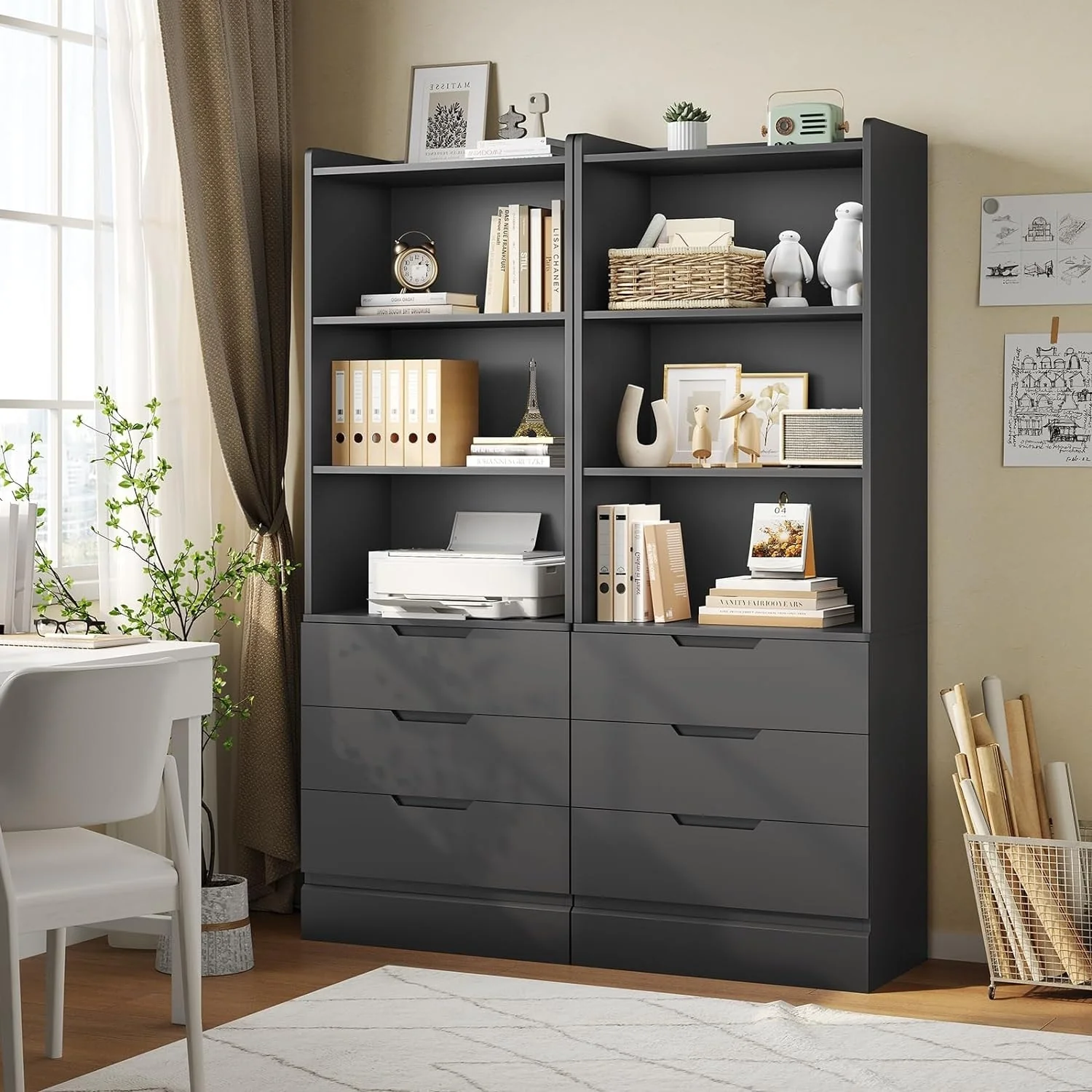 Kitchen Storage Cabinet Bookcase 3 Drawers Open Shelves - N/A