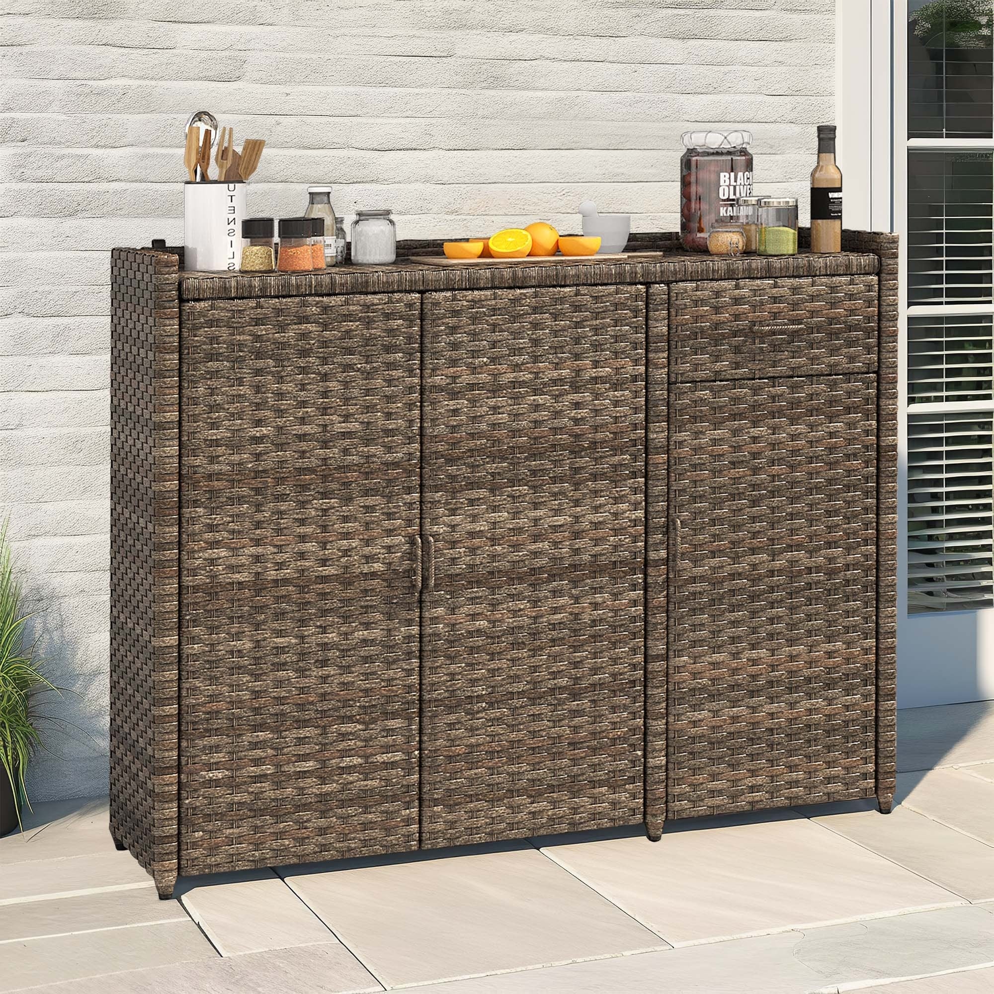 Moasis Outdoor Rattan Wicker Storage Cabinet Bar Table with 2 Doors