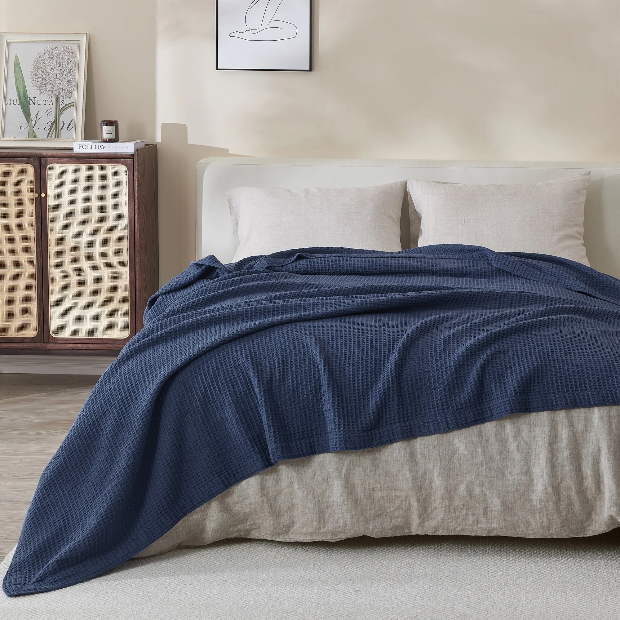 Linery & Co. 100% Cotton All-Season Lightweight Waffle Weave Knit Throw Blanket