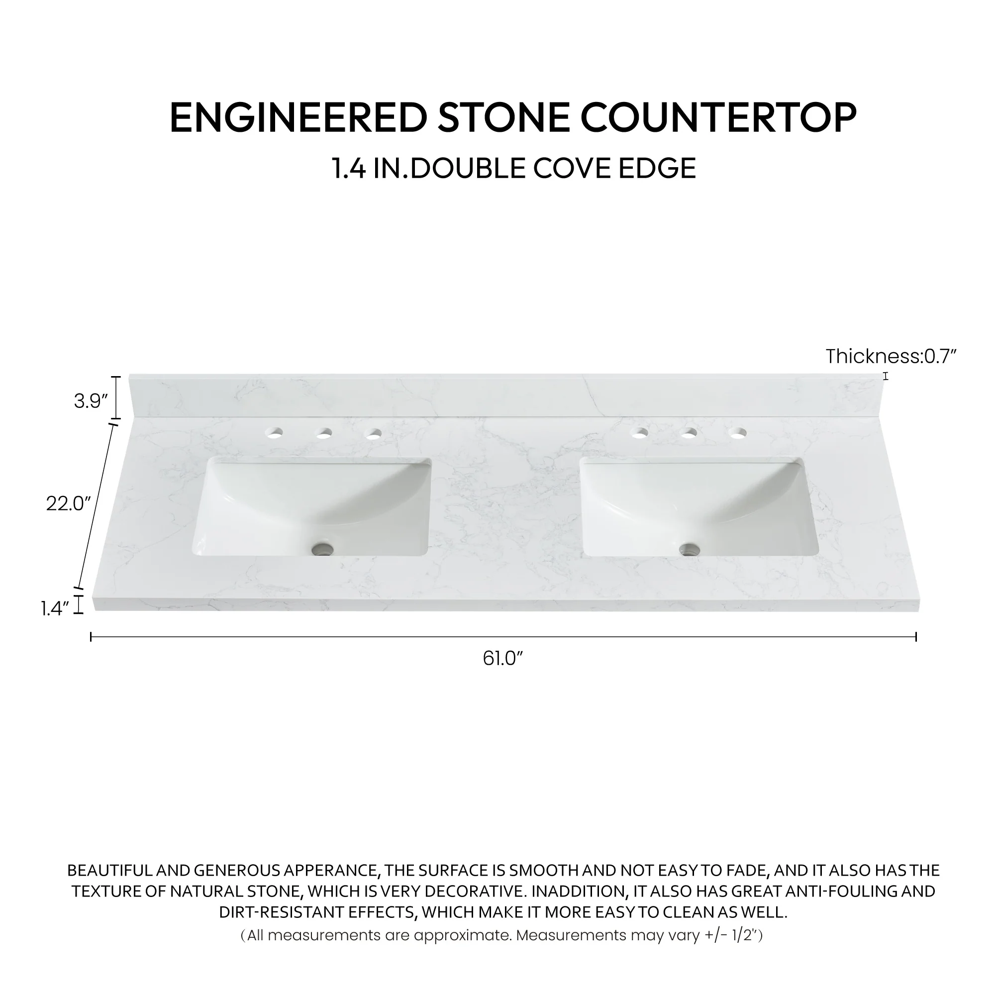 Jaen Composite Stone Vanity Top with White Rectangular Sink