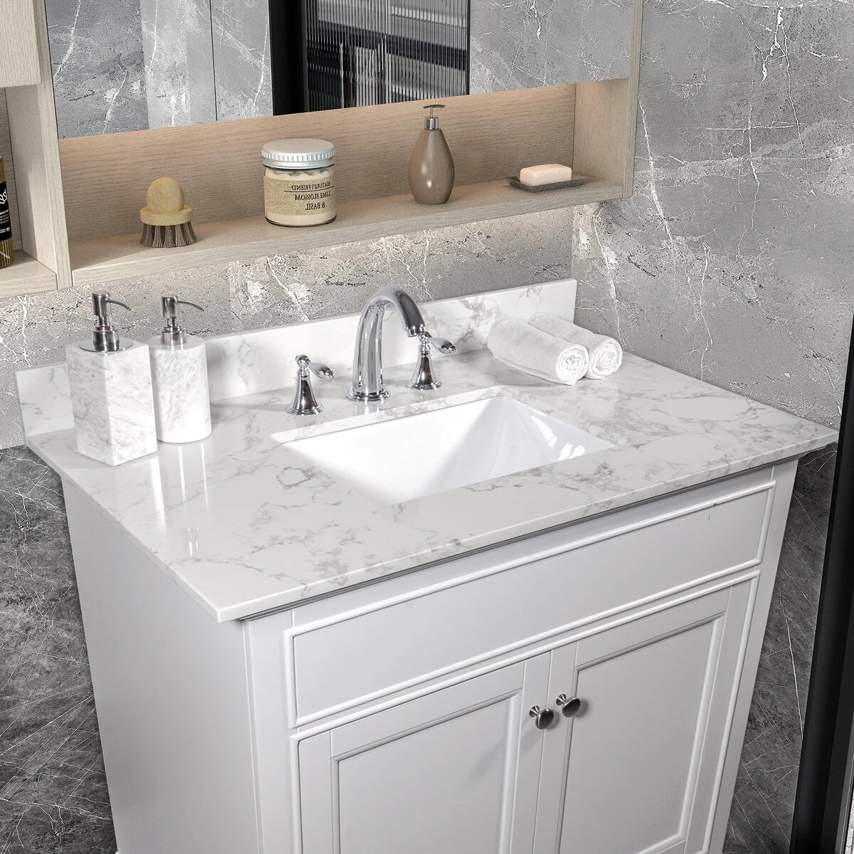 31 in./ 37 in./ 43 in./ 49 in. Carrara White Engineered Stone Bathroom Vanity Top with Ceramic Sink
