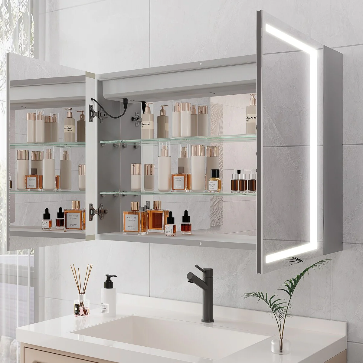 Bathroom Medicine Cabinet with Mirror Wall Mounted LED Bathroom Mirror Cabinet with Lights, Anti-Fog,Storage Shelves