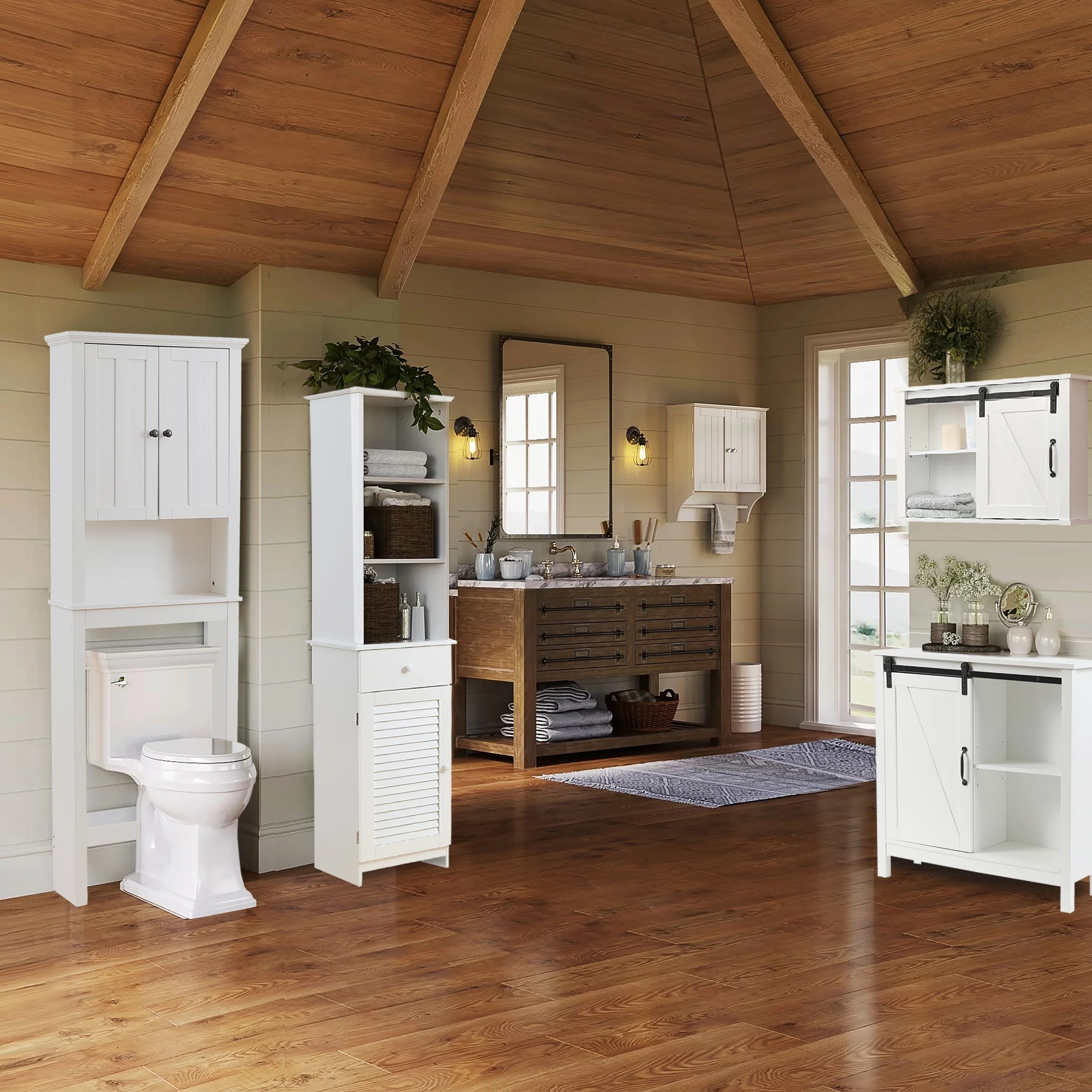 Farmhouse White MDF Wood Bathroom Storage Cabinet