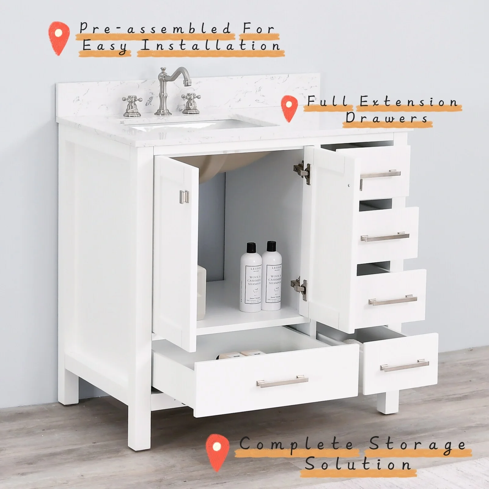 Prismatica 36 in. White Vanity with Countertop & Splash, Left Sink