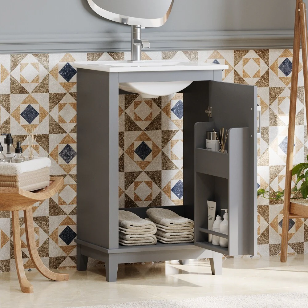 Modern 20 Inch Small Bathroom Vanity Cabinet with Ceramic Basin
