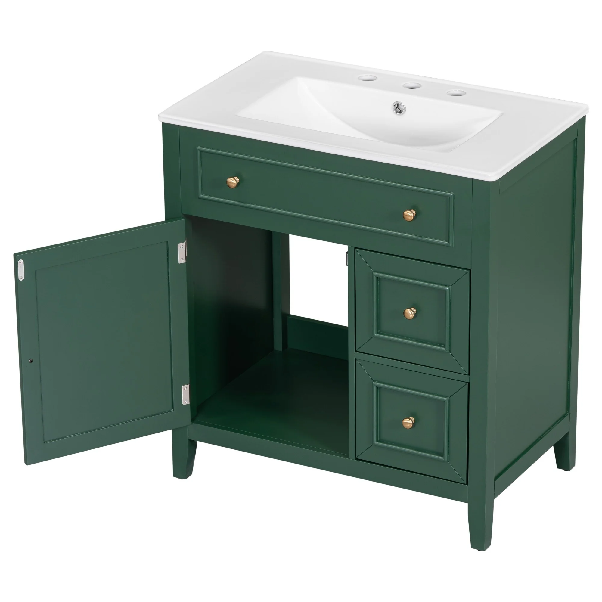 30'' Solid Wood Bathroom Vanity with Cabinet, 2 Drawers, and Ceramic Sink