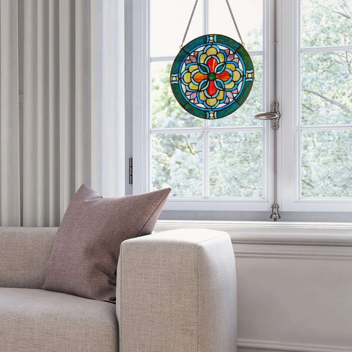 Geometric River of Goods Teal and Yellow Tiffany-Style Stained Glass Round Window Panel - 12