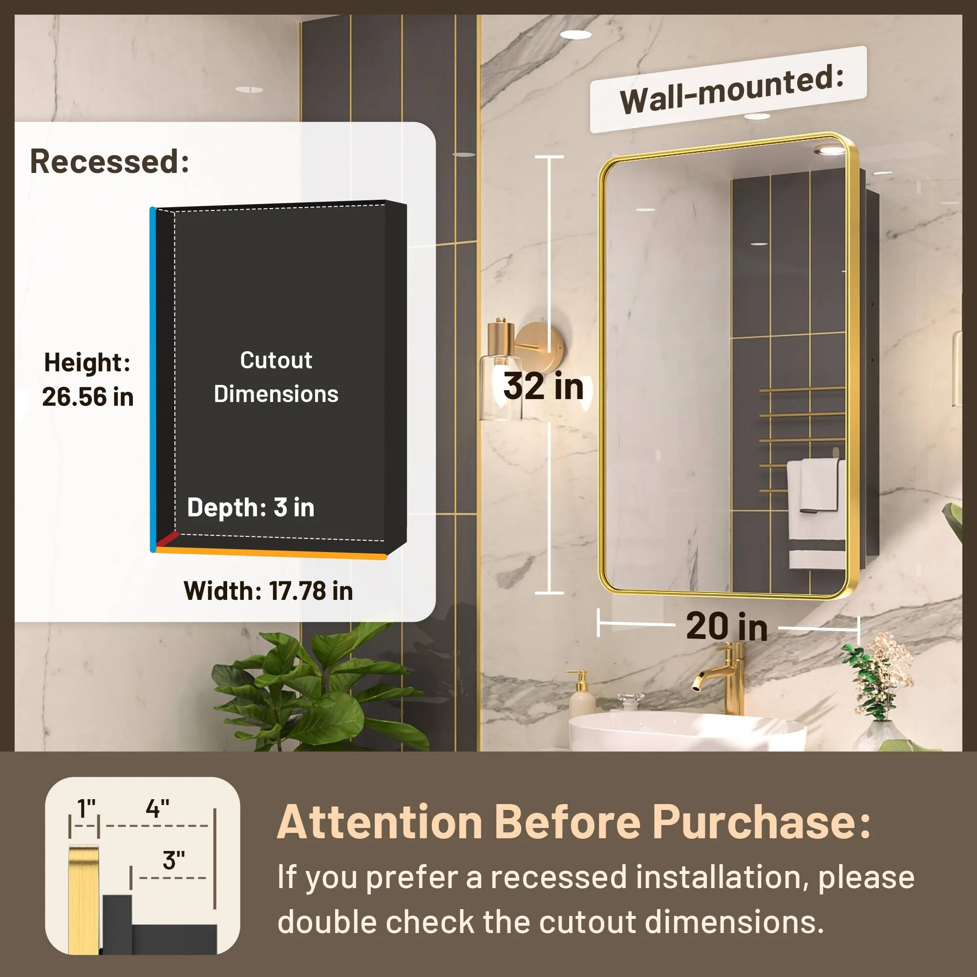 KEONJINN Medicine Cabinets for Bathroom with Mirror, Stainless Steel 1-3 Framed Doors