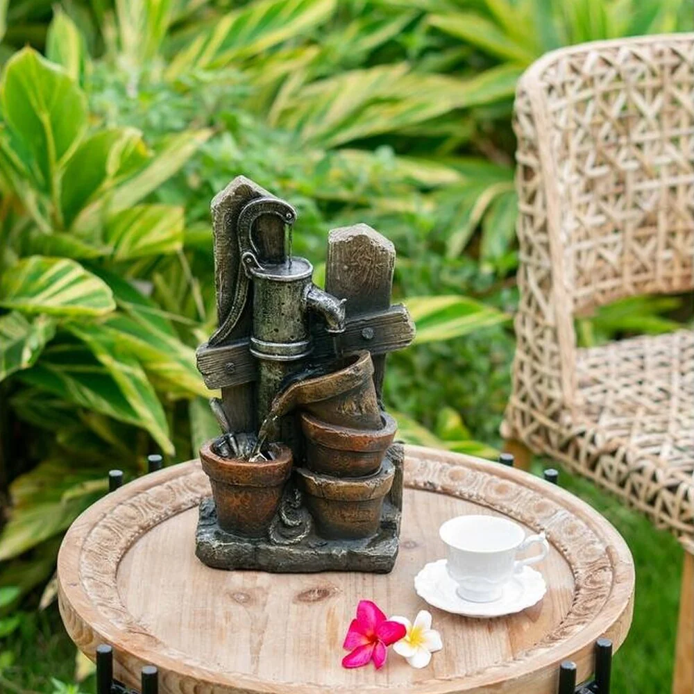 Water Fountain with Antique Water Pump Design and LED Light