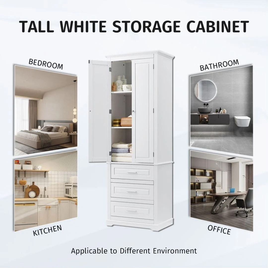 Tall Storage Cabinet with Three Drawers for Bathroom White