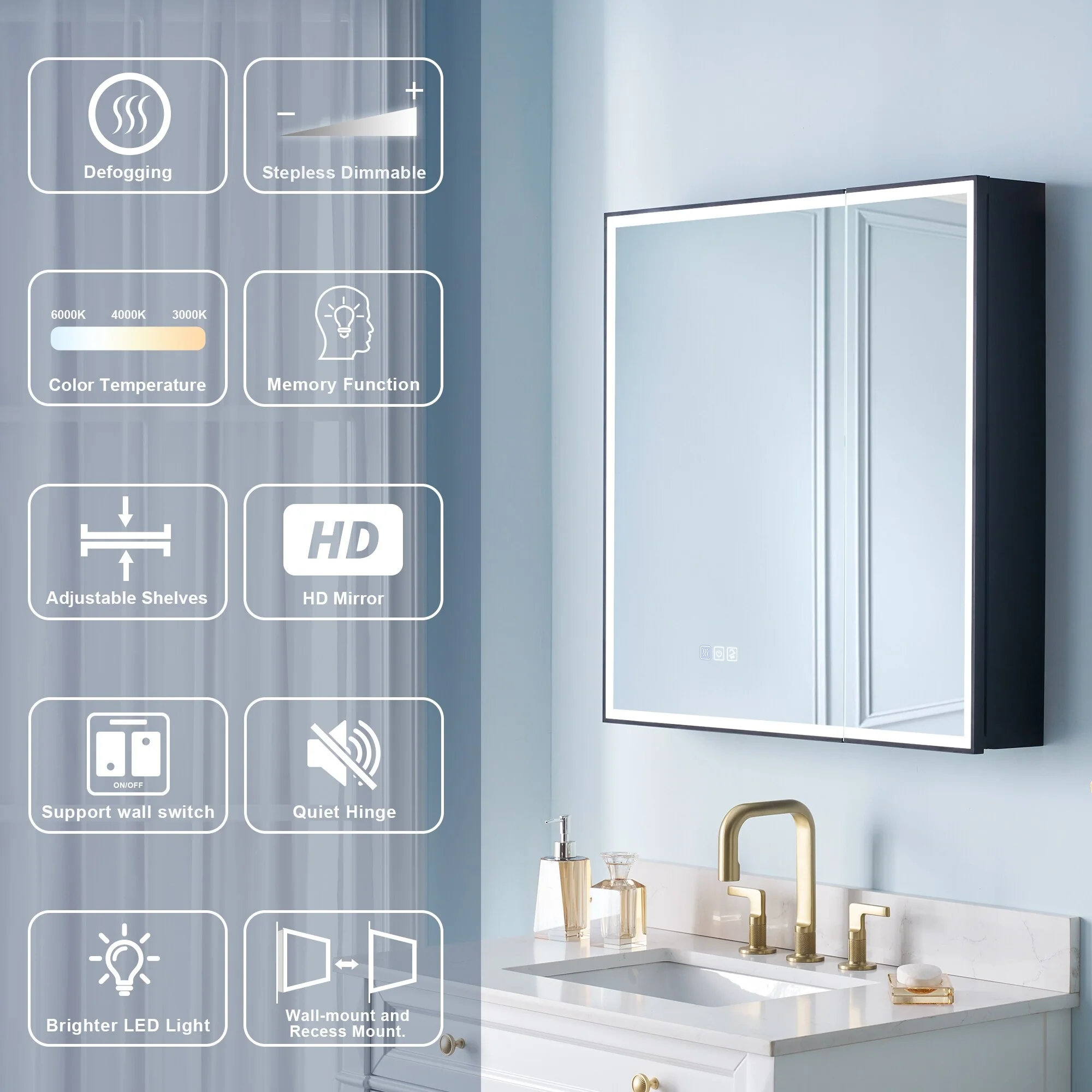 30'' H Recessed Or Surface Wall Mounted LED Mirror Cabinet With Mirror And Adjustable Shelves,Black Frame