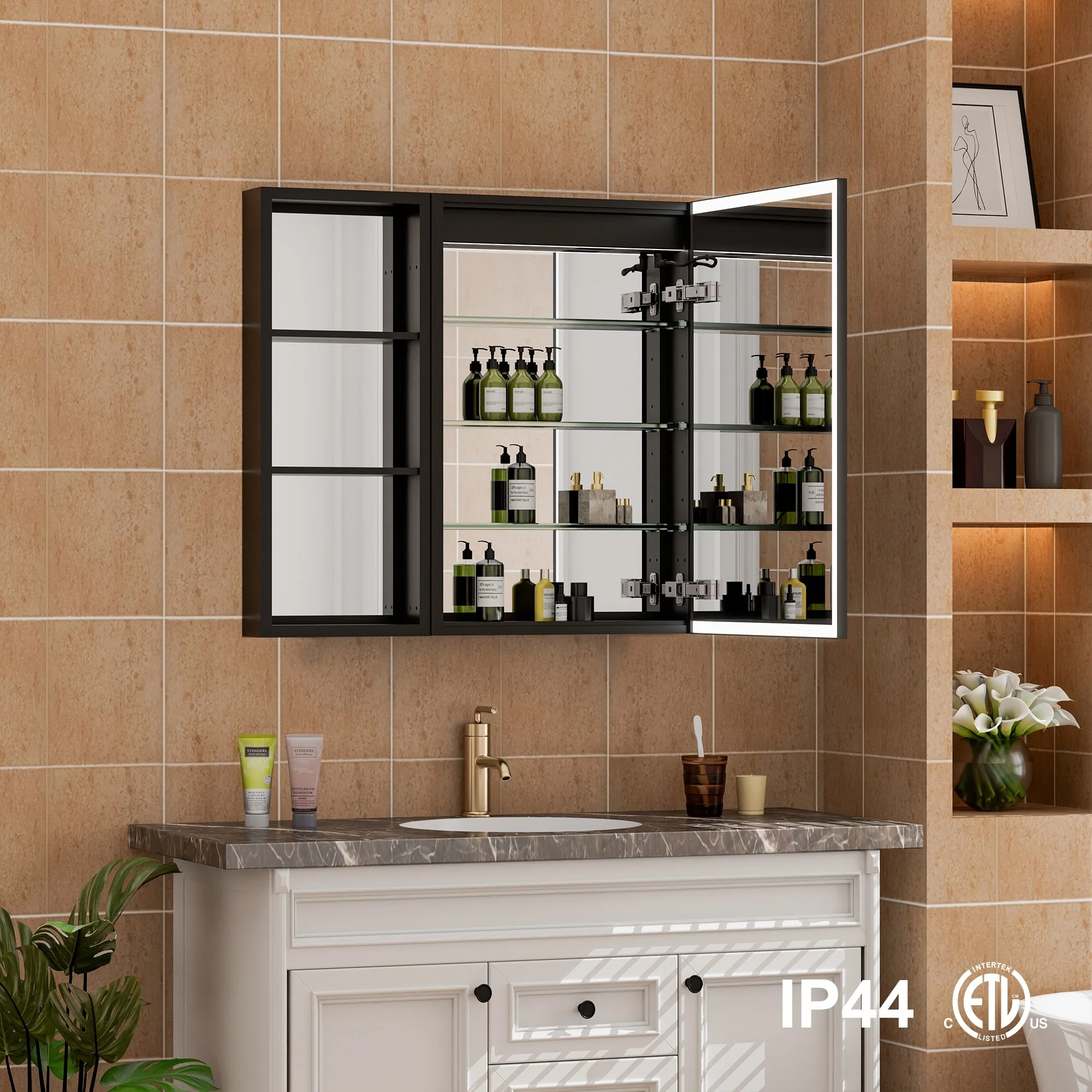 30 in. H Recessed or Surface Wall Mounted LED Mirror Cabinet With Black Side Cabinet