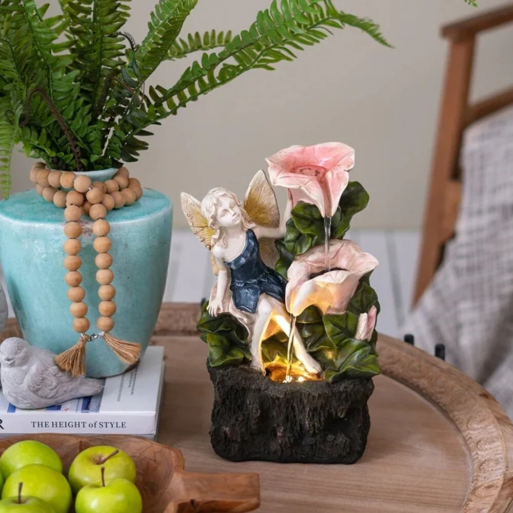 Angel Girl with Pink Flower Design 3 Tier Tabletop Water Fountain