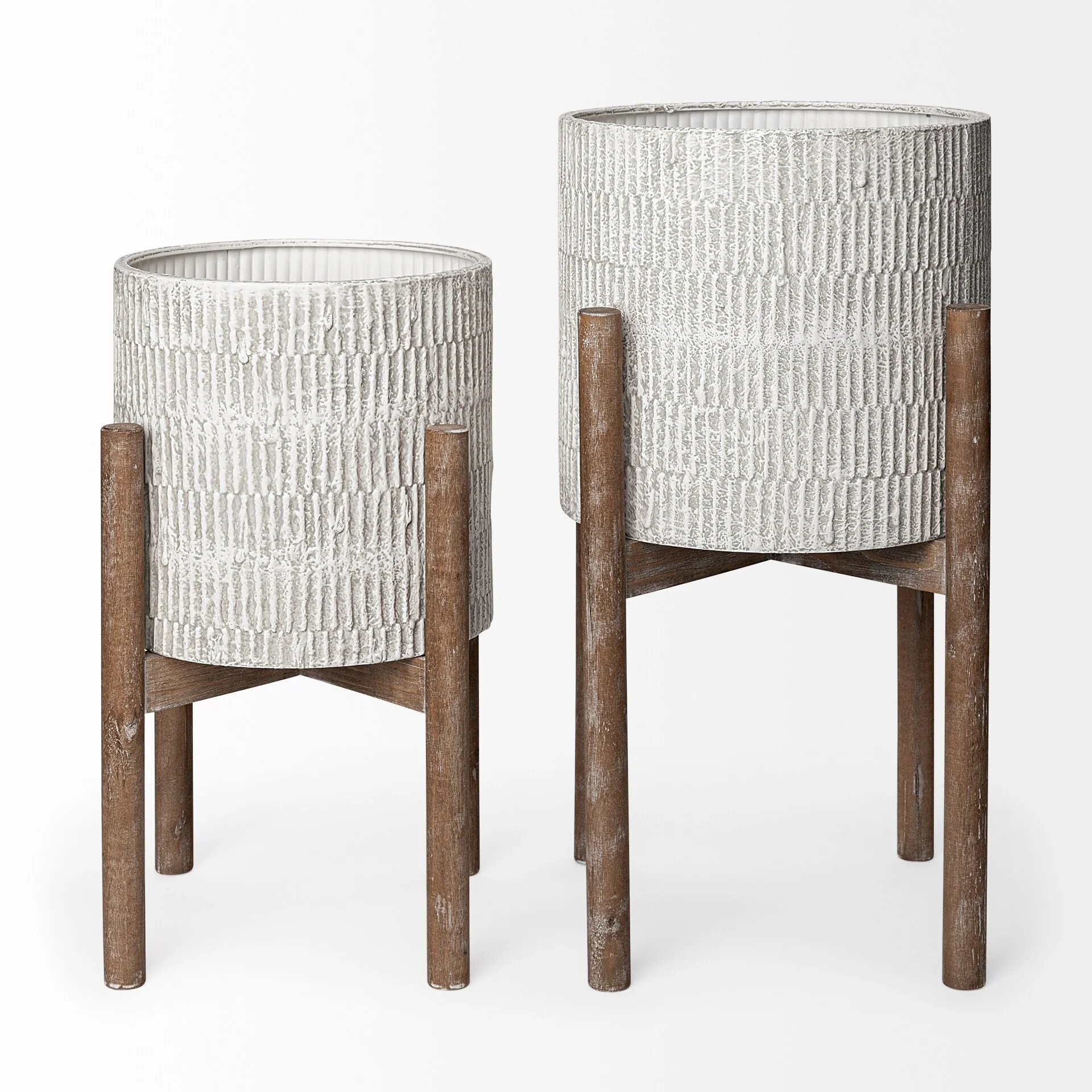 Groot Off-White Metal w/Brown Solid Wood Base Plant Stands (Set of 2)